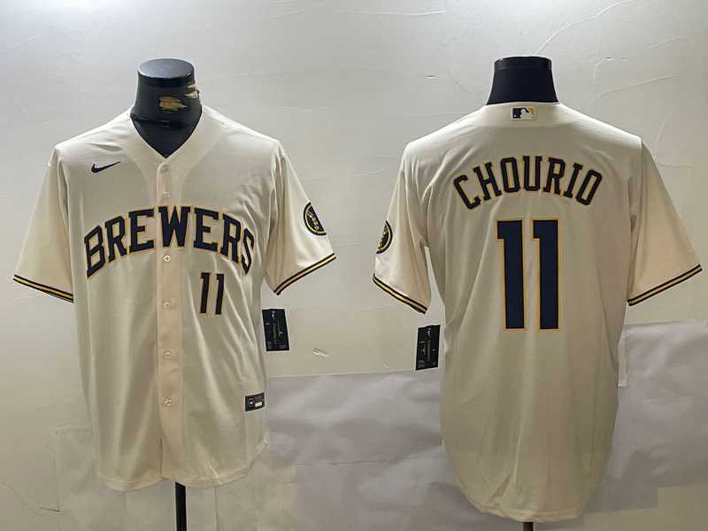 Mens Milwaukee Brewers #11 Jackson Chourio Number Cream Stitched Cool Base Nike Jersey